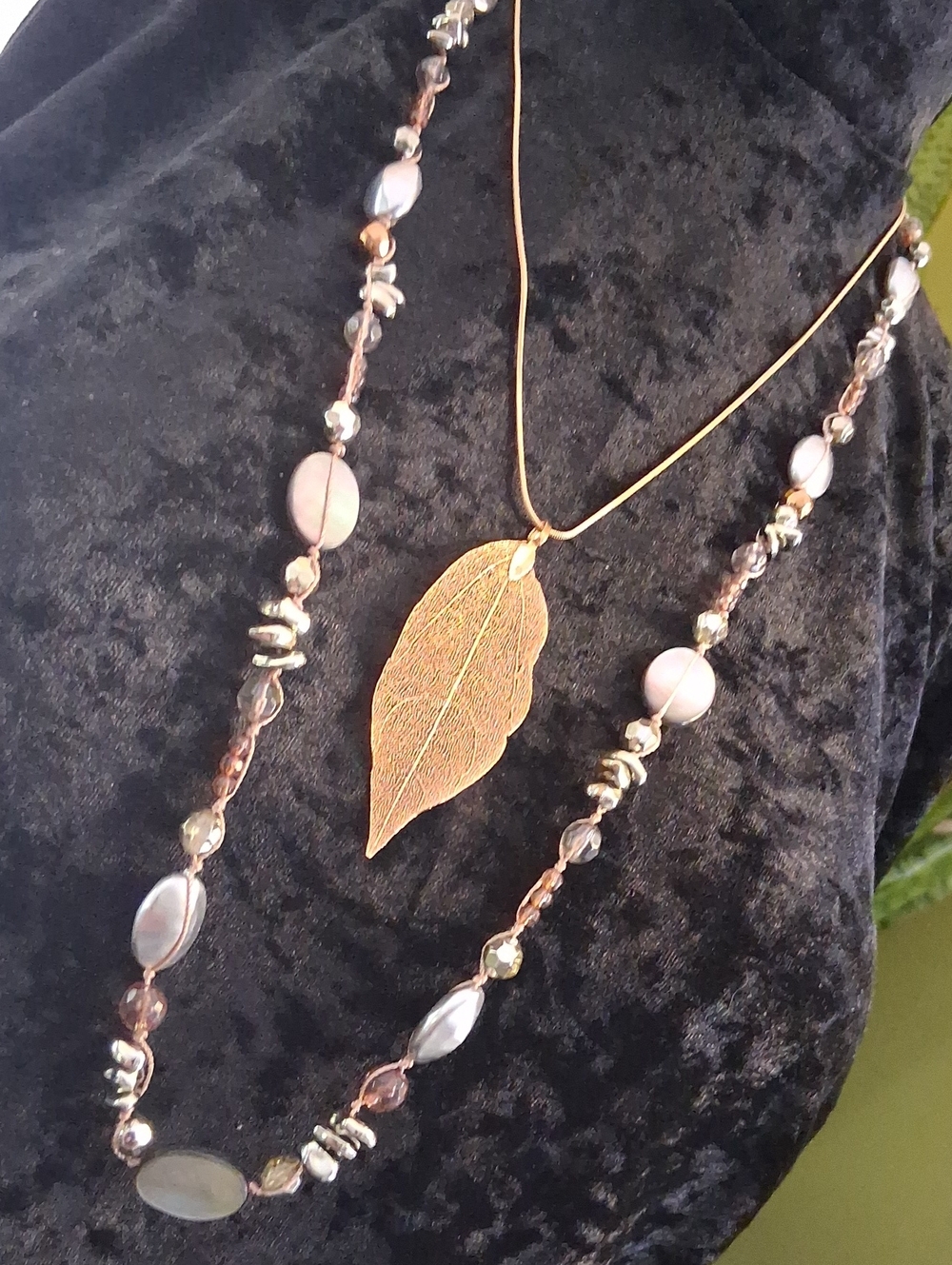 Cookie Lee Gold Leaf Pendant with Pearl and Brown Bead Strand